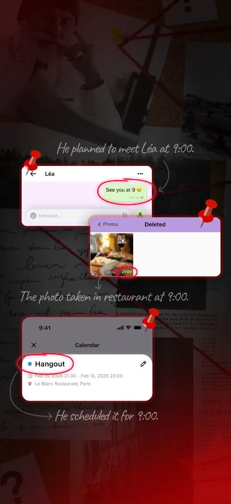 Pinned evidence: a chat, a deleted photo and a calendar entry all pointing to 9:00
